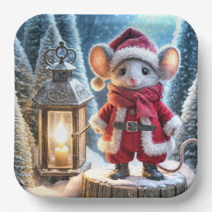 Christmas Mouse With Glowing Lantern Paper Plate