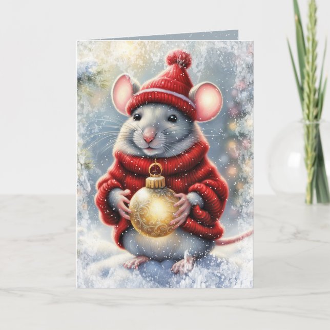Christmas Mouse With Gold Ornament Holiday Card (Front)