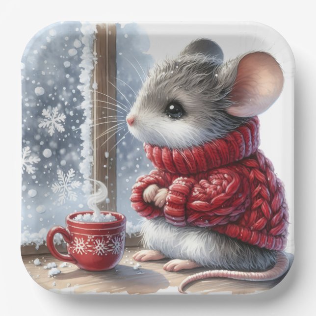 Christmas Mouse With Steaming Hot Cocoa Paper Plate (Front)