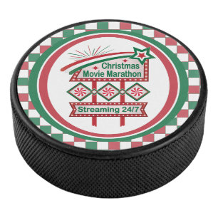 Christmas Movie Marathon Retro Marquee Festive Hockey Puck