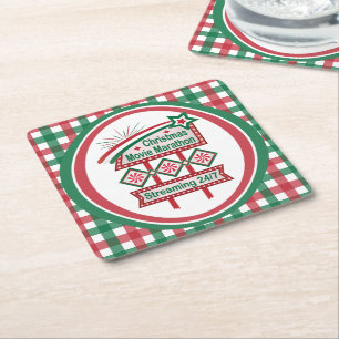 Christmas Movie Marathon Retro Marquee Festive Square Paper Coaster