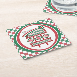 Christmas Movie Marathon Retro Marquee Festive Square Paper Coaster