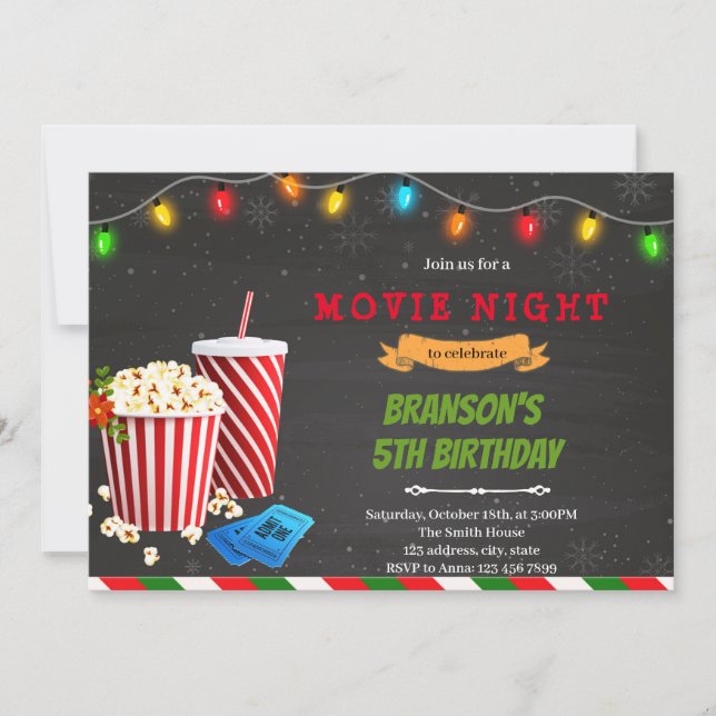 Christmas movie night birthday party invitation (Front)