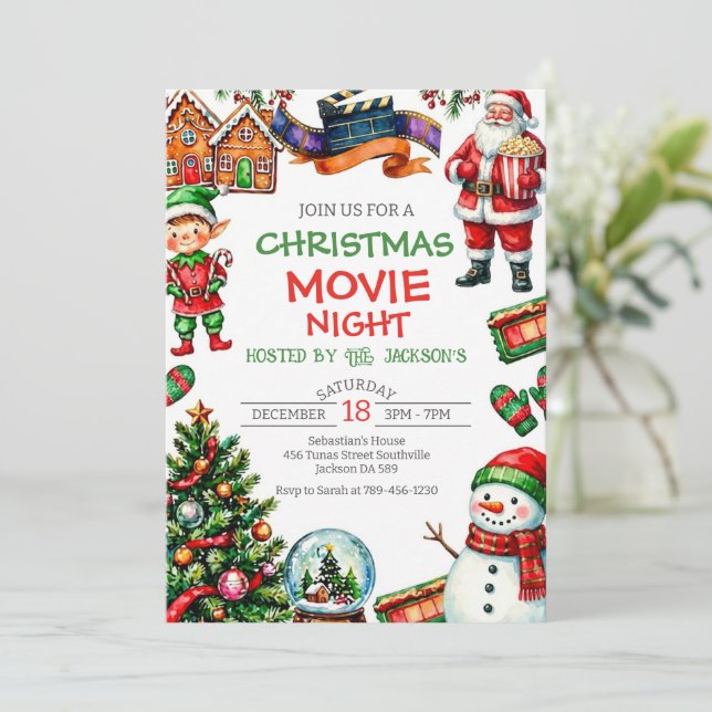 Christmas Movie Night Holiday Party Invitation (Standing Front)