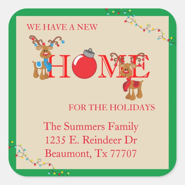 Christmas Moving Announcement Reindeer Moving Square Sticker (Front)
