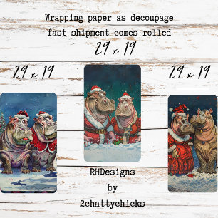 Christmas Mr. & Mrs. Hippo Decoupage  Wrapping Paper Sheet