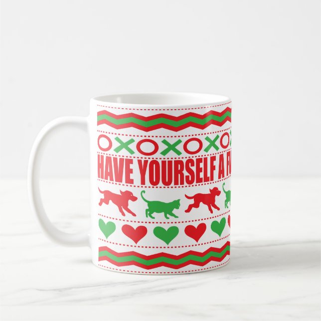 Christmas Mug 11 oz. "Cat Dog Mug Furry Christmas" (Left)