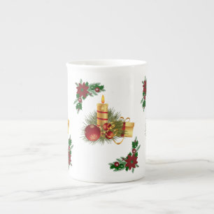 Christmas Mug, Christmas Red Gold Candle Bone China Mug