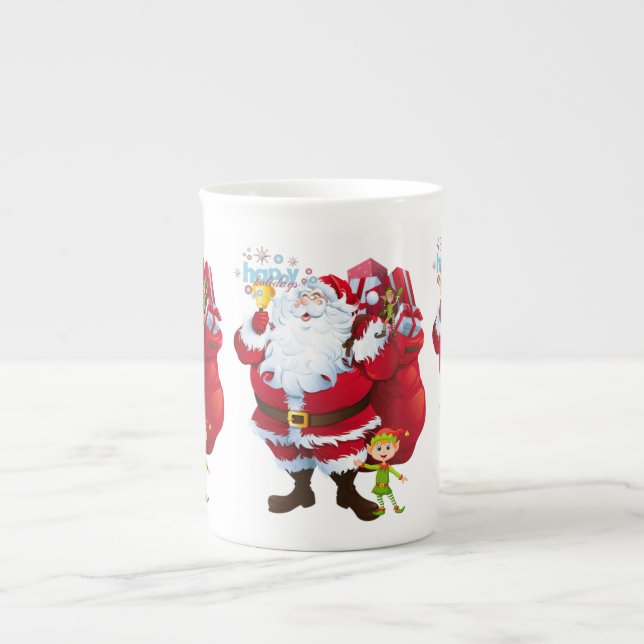 Christmas Mug, Happy Holidays, Santa Bone China Mug (Front)