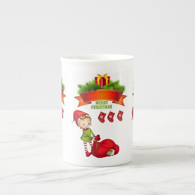 Christmas Mug, Merry Christmas, Elf Bone China Mug (Front)
