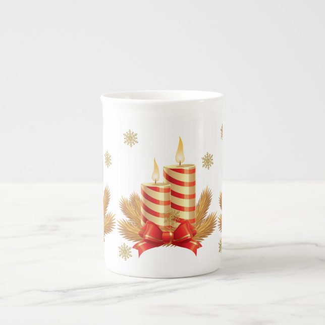 Christmas Mug, Red Gold Christmas Candle Bone China Mug (Front)