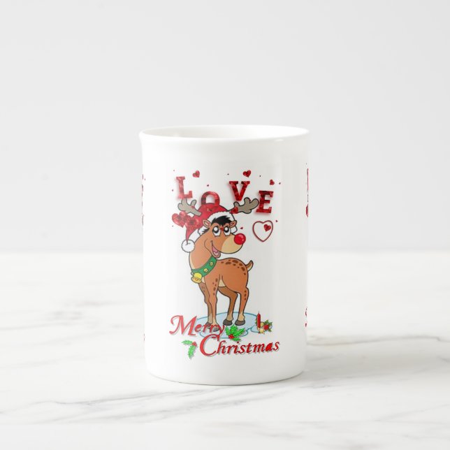 Christmas Mug, Reindeer, Love Bone China Mug (Front)