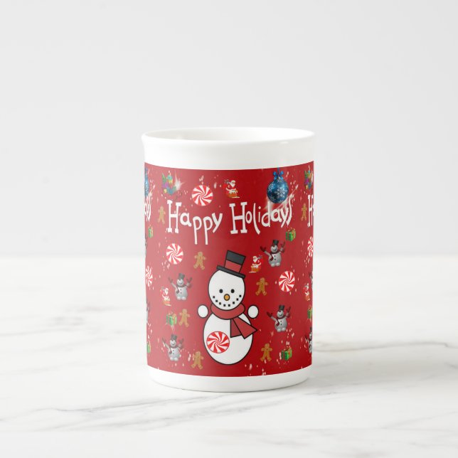 Christmas Mug, Snowman, Happy Holidays Bone China Mug (Front)