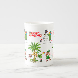 Christmas Mug, Snowman, Summer Beach Santa Bone China Mug