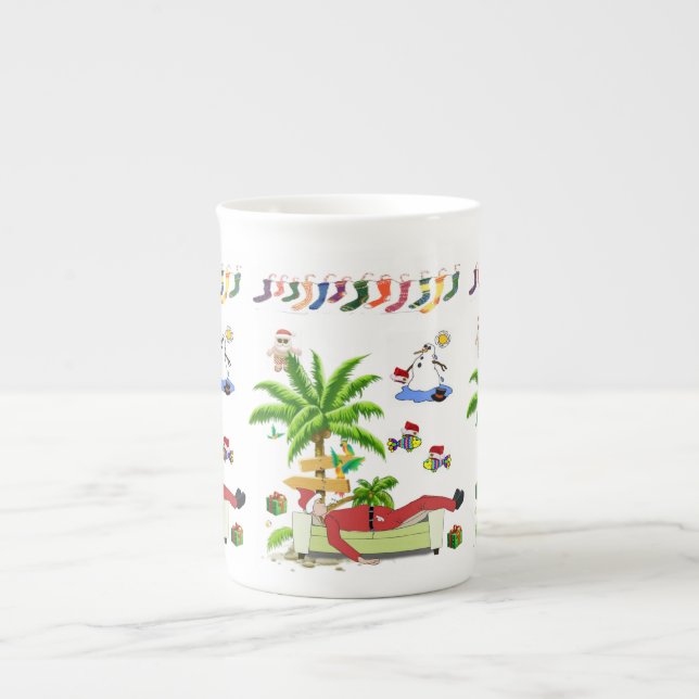 Christmas Mug, Summer Beach Bum Santa Bone China Mug (Front)
