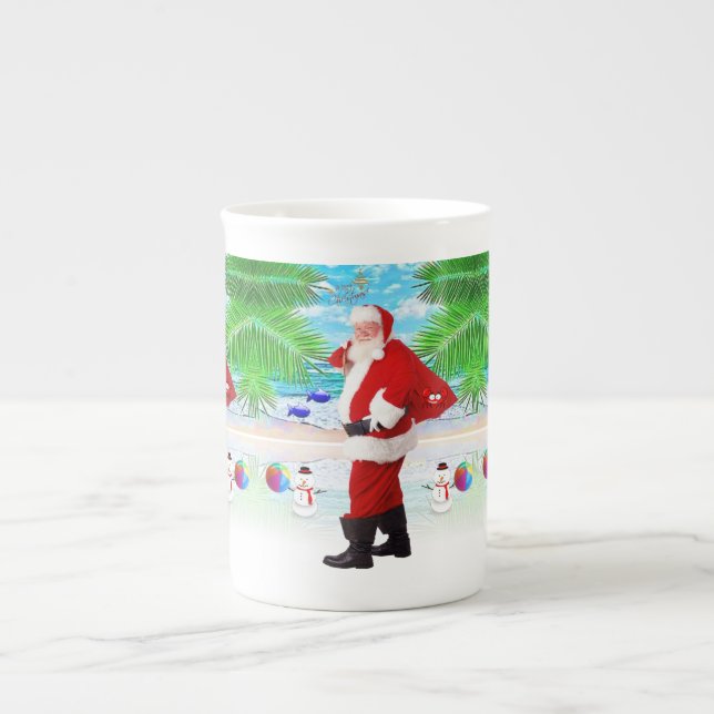 Christmas Mug, Summer Beach Bum Santa Bone China Mug (Front)