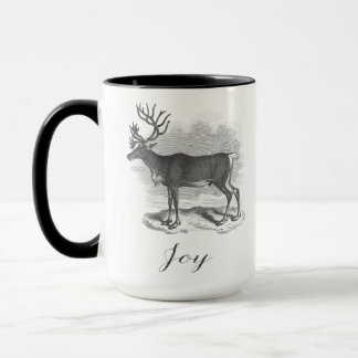 Christmas mug with antique deer etching says Joy