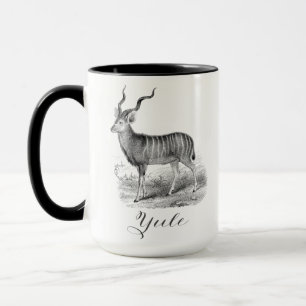 Christmas mug with antique deer etching says Yule.