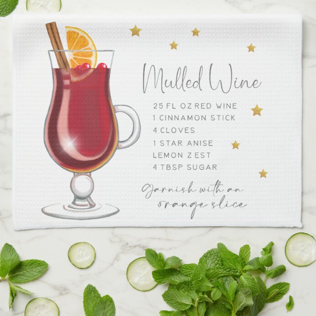 Christmas Mulled Wine Recipe Winter Watercolor Tea Towel (Folded)