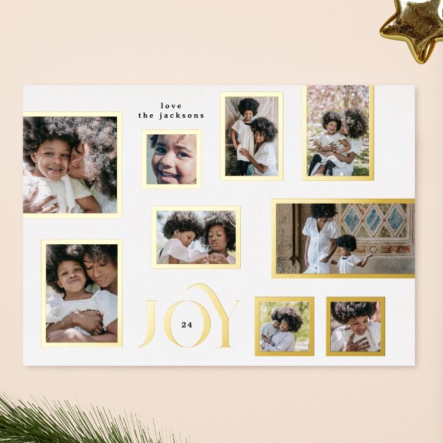 Christmas Multi 9 Photo Collage Merry JOY Gold Foil Holiday Card (Creator Uploaded)