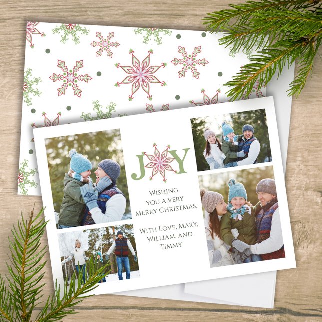 Christmas Multi Photo Cute Snowflake Typography  Holiday Card (Christmas Joy typography multi-photo holiday card with whimsical snowflakes. )
