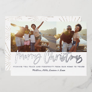 Christmas multi photo modern silver script chic  foil holiday card