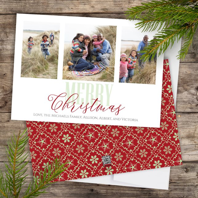 Christmas Multi Three Photo Red Green Snowflake Holiday Card (Merry Christmas Calligraphy Script holiday multi photo card with elegant snowflake pattern)