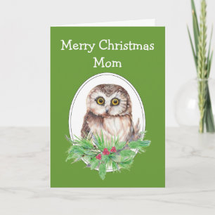 Christmas Mum Cute Owl Bird Holly and PIne Holiday Card