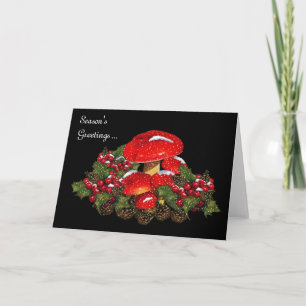Christmas Mushrooms on Black, Snow, Holly, Pine Holiday Card