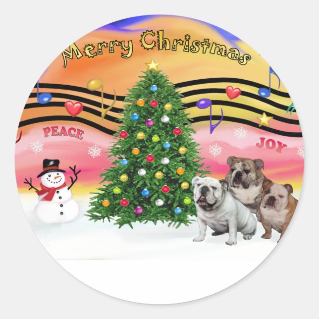 Christmas Music 2 - English Bulldogs (three) Classic Round Sticker (Front)
