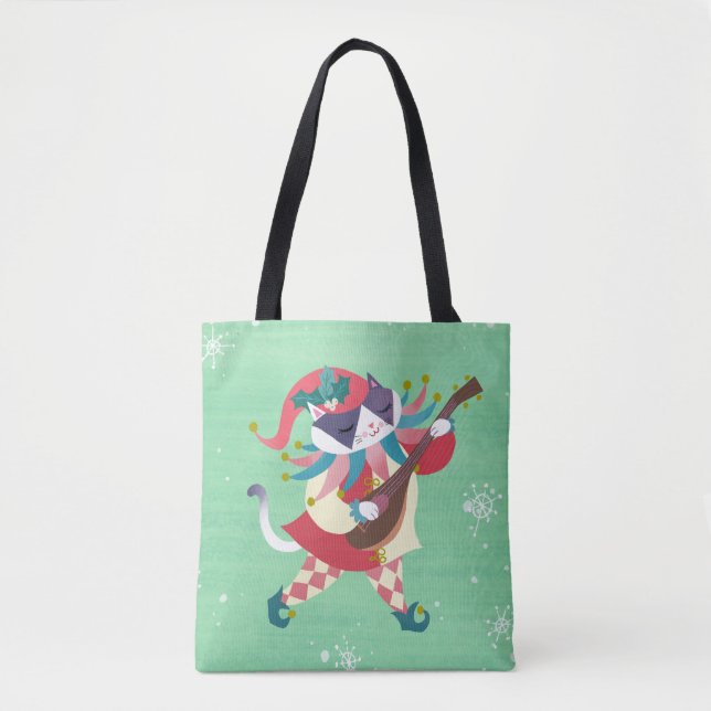 Christmas Music Elf Cat Green Tote Bag (Front)