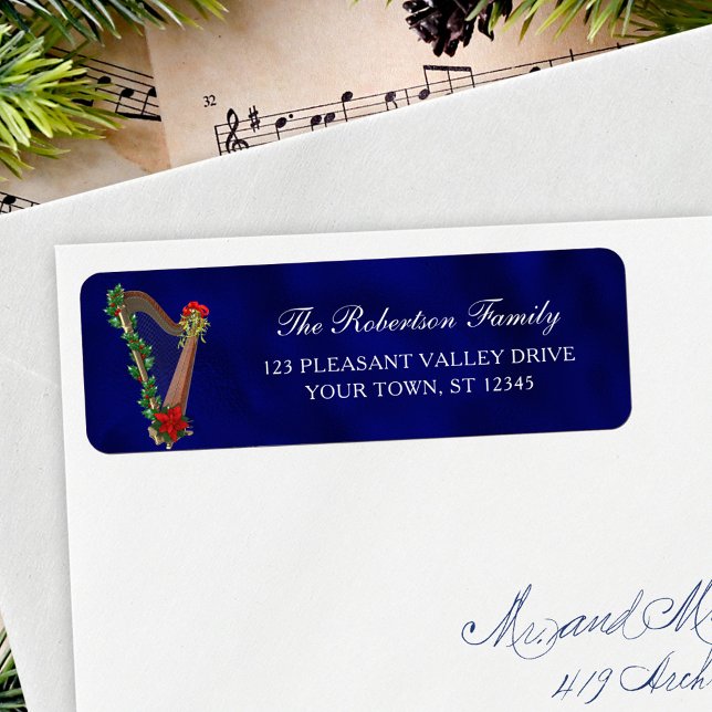 Christmas Music Harp Navy Blue Return Address Label (Creator Uploaded)