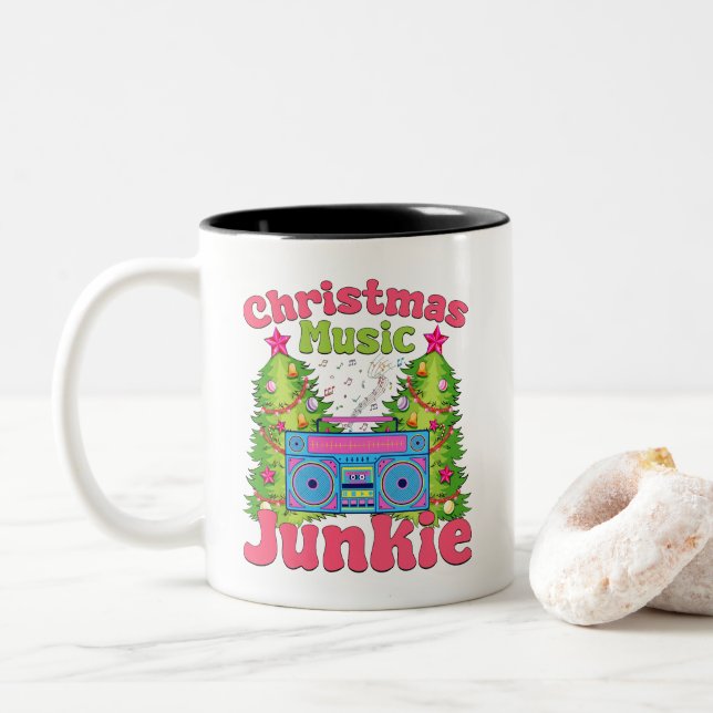 Christmas Music Junkie 80's Retro Cassette Player  Two-Tone Coffee Mug (With Donut)
