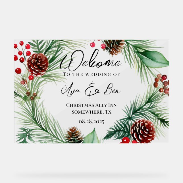 Christmas Music Red Berry Wreath Wedding  Acrylic Sign (Front)