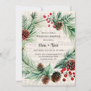 Christmas Music Red Berry Wreath Wedding Shower Invitation