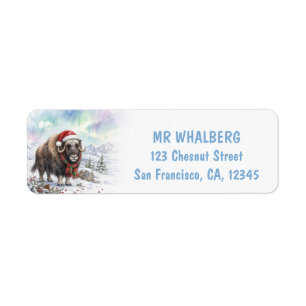 Christmas Muskox with Santa Hat Watercolor Return Address Label