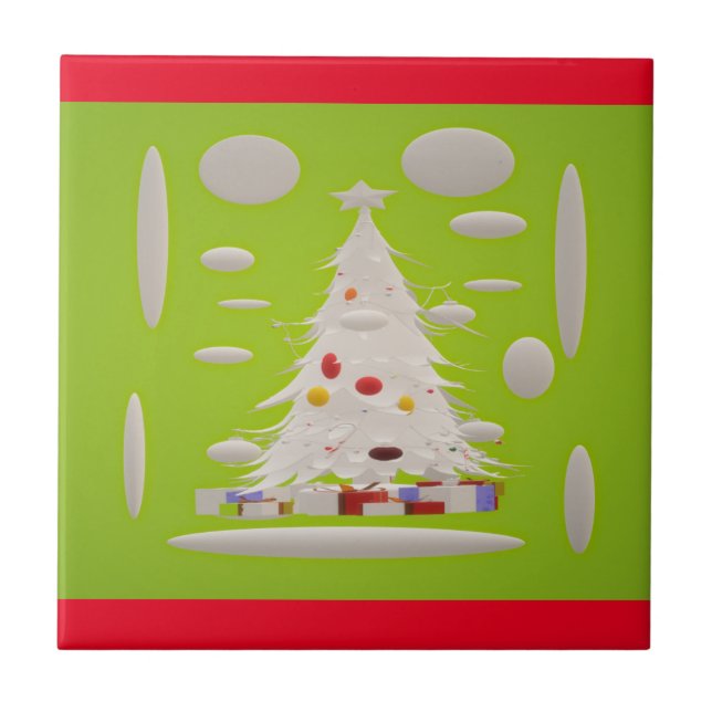 CHRISTMAS MUSTY GREEN WITH WHITE TREE CERAMIC TILE (Front)