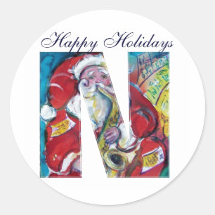 CHRISTMAS N LETTER / INSPIRED SANTA MONOGRAM CLASSIC ROUND STICKER