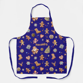 Christmas Name Custom Fun Cute Gingerbread Navy Apron
