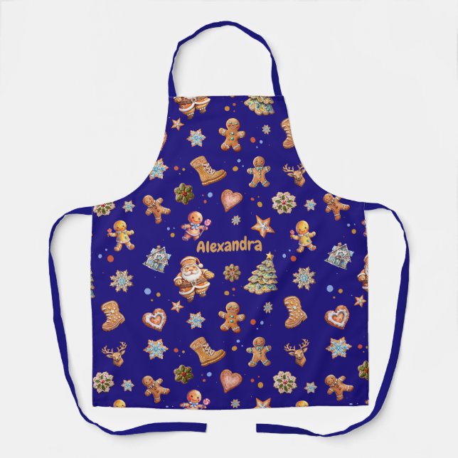 Christmas Name Custom Fun Cute Gingerbread Navy Apron (Front)