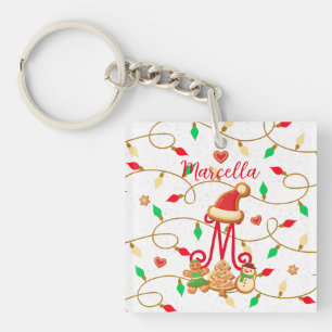 Christmas Name Monogram Custom Gingerbread Red Key Ring