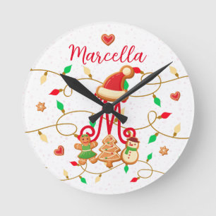 Christmas Name Monogram Custom Gingerbread Red Round Clock