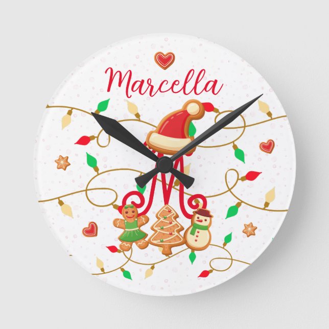 Christmas Name Monogram Custom Gingerbread Red Round Clock (Front)
