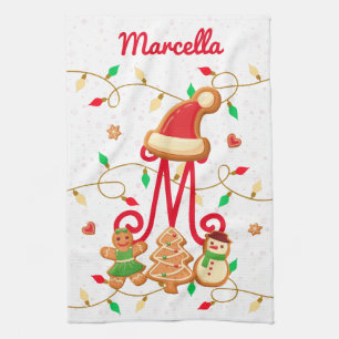Christmas Name Monogram Custom Gingerbread Red Tea Towel