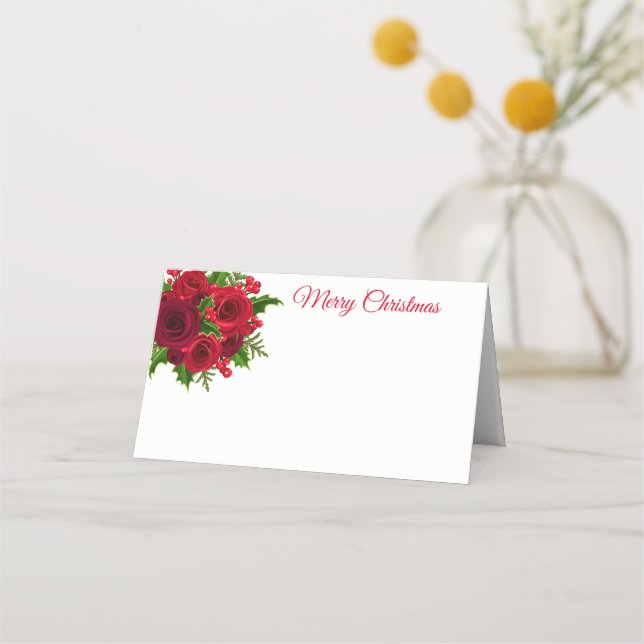 Christmas Name Place Card-Red Roses Card (Front)