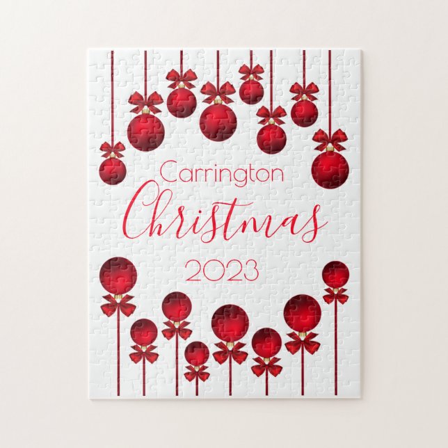 Christmas Name Year Red Ornaments Ribbons Script Jigsaw Puzzle (Vertical)