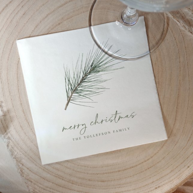 Christmas Napkins Holiday Simple Evergreen Branch (Christmas napkins - simple elegant pine branch greenery with watercolor accents. Holiday Party Decor)