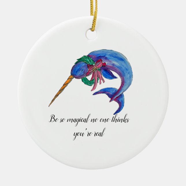Christmas narwhal ceramic ornament (Front)