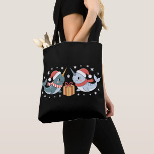 Christmas Narwhal Santa Hat Scarf Snowflakes Xmas Tote Bag