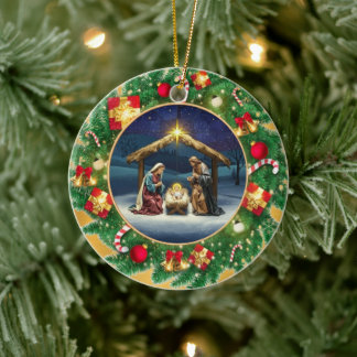 Christmas Nativity Baby Jesus in Manger Scene Ceramic Ornament